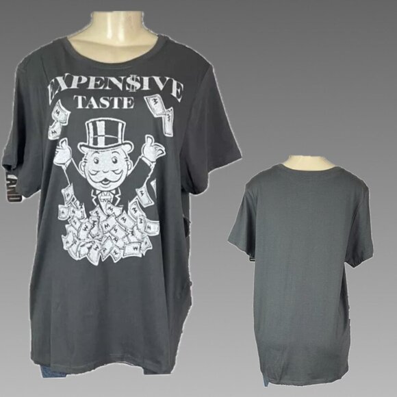 Hasbro +2 Gray Crew Neck Monopoly Expensive Taste Money Graphic Short Sleeve Tee - Picture 1 of 6
